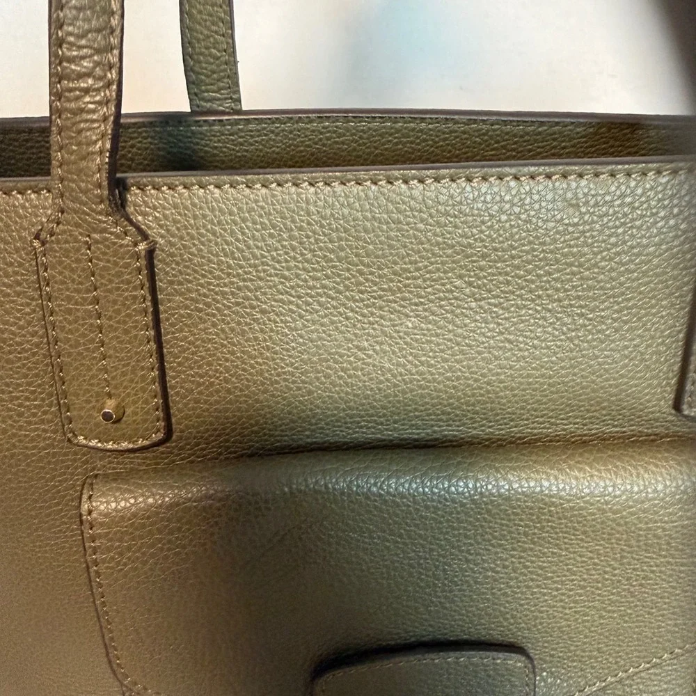 🔵 Furla Olive‎ Green Pebbled Leather Tote Bag Gold Hardware Shoulder Italy